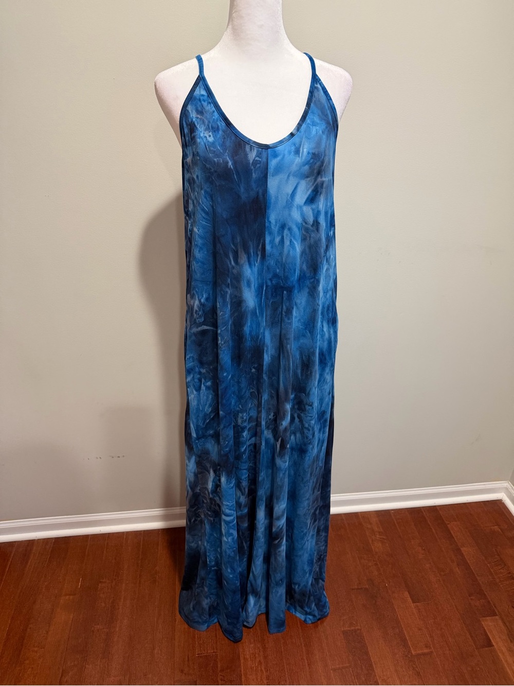 Blue Tie-Dye Slip Maxi Dress with Scoop Neck